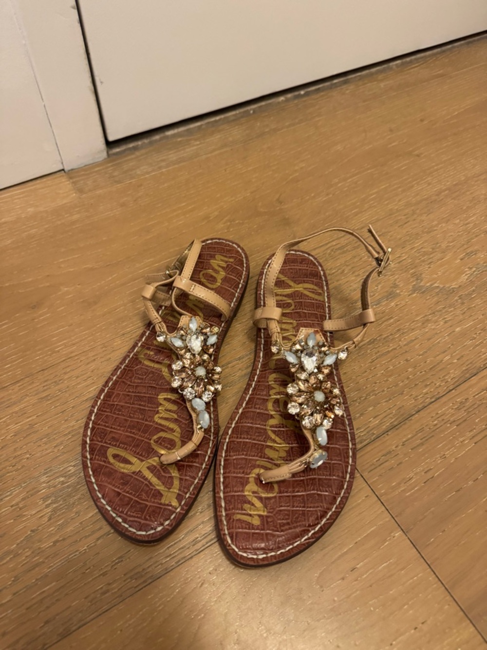 Sam Edelman Nude Jeweled T-Strap Sandals with Crystal Cluster
